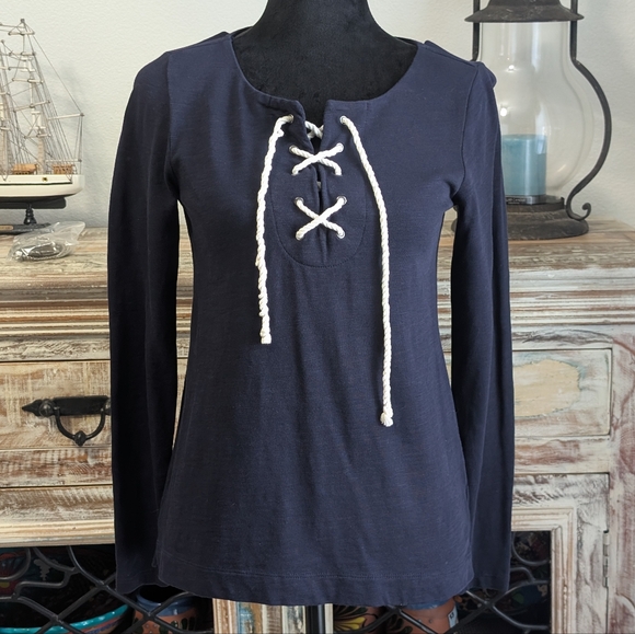 Talbots Tops - Talbot's Petites Nautical Navy Lace-Up Long Sleeve Tunic Top, Size Small